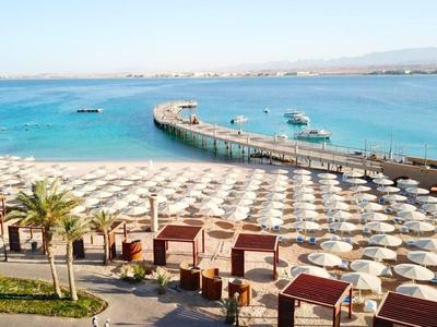Beach with rows of umbrellas, palm trees, and a long pier in clear sea.
