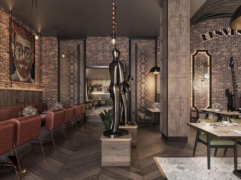Elegant hotel area with brown leather chairs and modern art on brick wall.
