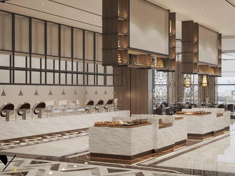 Modern, bright kitchen area with white marble, wood accents, and hanging lights.