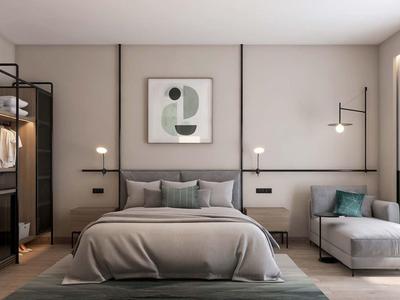 Modernes Hotelzimmer mit Doppelbett, Sitzecke und stilvoller Beleuchtung.