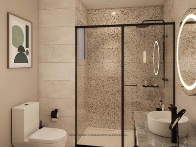 Modernes Badezimmer mit Dusche, Toilette, rundem beleuchtetem Spiegel und minimalistischem Design.