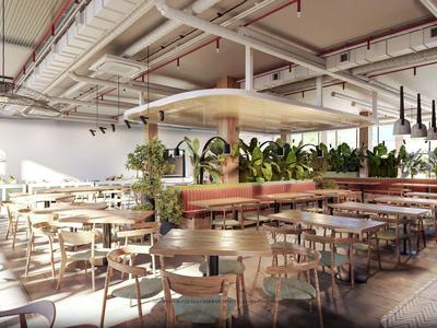 Helles, modernes Restaurant mit Holzmöbeln und Grünpflanzen, ideal für entspannte Mahlzeiten.