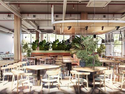 Hell gestalteter Essbereich mit Holzstühlen, Tischen und üppigen grünen Pflanzen in einem modernen Restaurant.