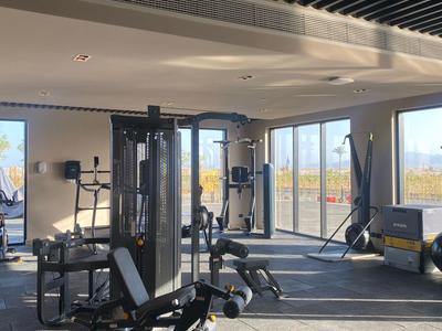 Un gimnasio moderno con diferentes máquinas de ejercicio y grandes ventanas con vistas al exterior.