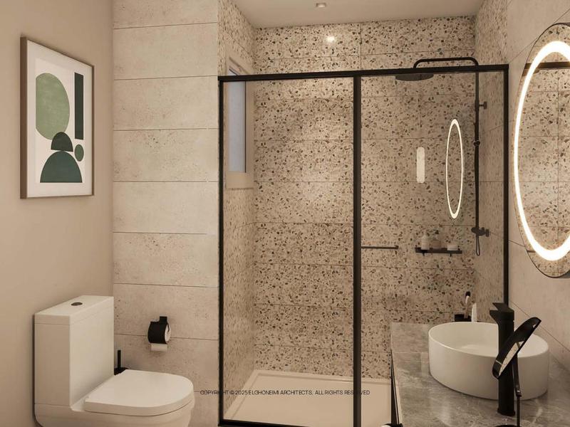 Modernes Badezimmer mit Dusche, Toilette, rundem beleuchtetem Spiegel und minimalistischem Design.