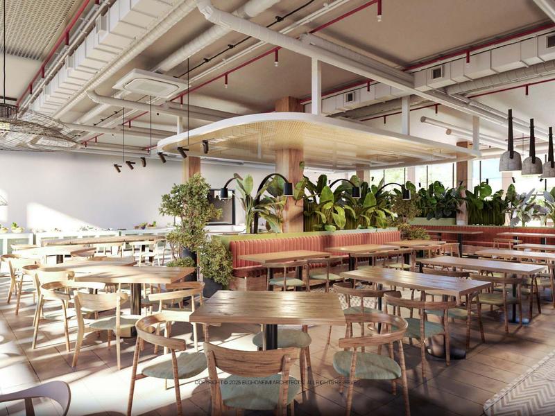 Helles, modernes Restaurant mit Holzmöbeln und Grünpflanzen, ideal für entspannte Mahlzeiten.