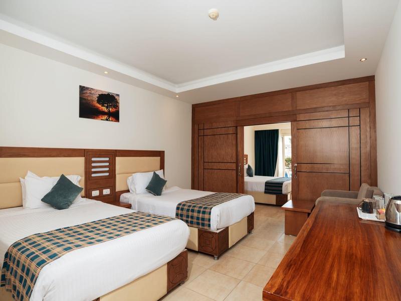 Habitación de hotel luminosa con dos camas individuales, escritorio, armarios de madera y decoración en la pared.