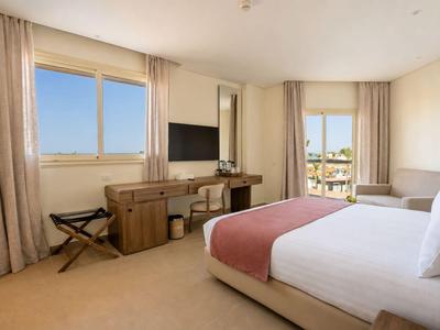 Bright hotel room with large window, desk, TV, and comfortable double bed.