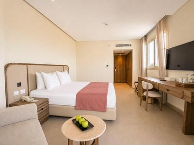 Modern hotel room with double bed, desk, TV, and window with curtains.