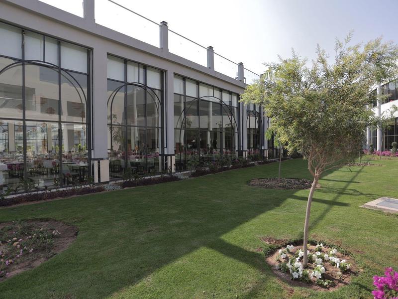 Façade de bâtiment avec grandes fenêtres et pelouse bien entretenue avec petits arbres et plantes.