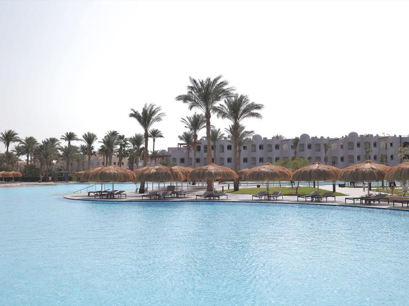 Grande piscine avec palmiers et bâtiments en arrière-plan sous un ciel clair