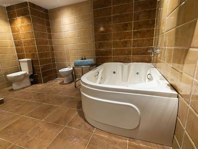 Bagno moderno con vasca, WC, bidet e piastrelle marroni.