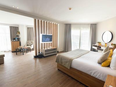 Modernes Hotelzimmer mit Doppelbett, Holzfußboden und TV in einem hellen, offenen Raum.