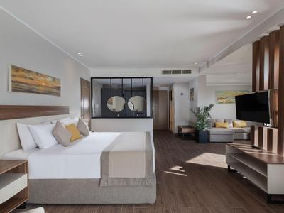 Modern eingerichtetes Hotelzimmer mit Bett, Sofa, Fernseher und Holzfußboden.