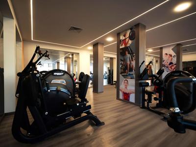 Moderner Fitnessraum mit verschiedenen Trainingsgeräten und Holzoptikboden in hellem Raum.