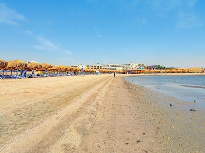 Široká písečná pláž s plážovými slunečníky u klidného moře pod jasnou oblohou.