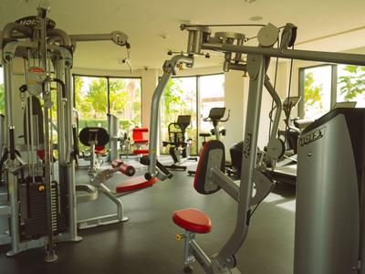 Helles Fitnessstudio mit verschiedenen Trainingsgeräten und großen Fenstern mit Gartenblick.
