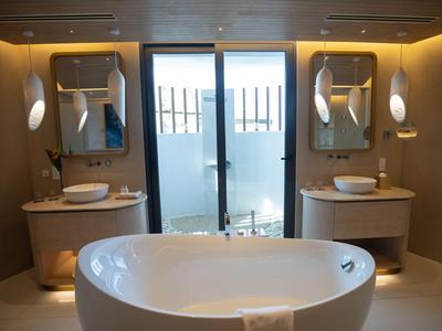Modernes Badezimmer mit freistehender Badewanne, zwei Waschbecken und natürlichem Licht.