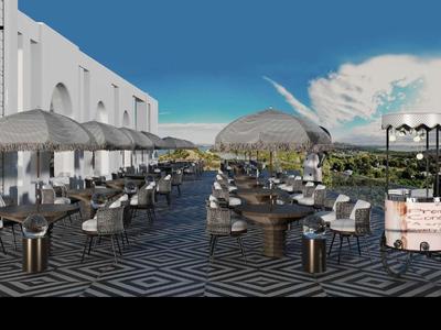 Große Dachterrasse mit Tischen, Stühlen und Sonnenschirmen vor blauem Himmel und heller Fassade.