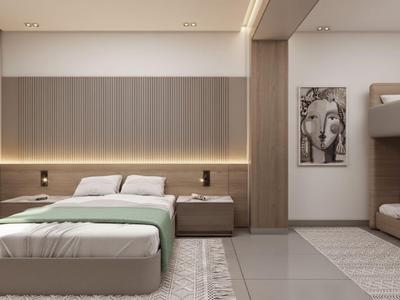 Modernes Hotelzimmer mit Doppelbett, Etagenbett und minimalistischer Einrichtung.
