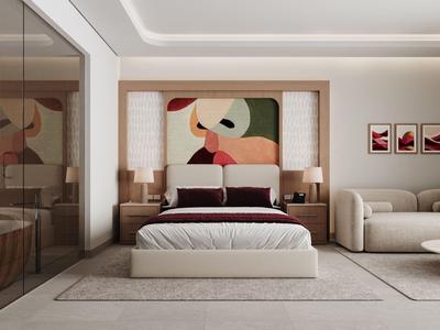 Modernes Hotelzimmer mit Doppelbett, Sofa, abstrakter Kunst und minimalistischer Einrichtung.