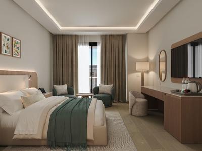 Modern eingerichtetes Hotelzimmer mit Doppelbett, Sitzbereich und großem Fenster mit Vorhängen.