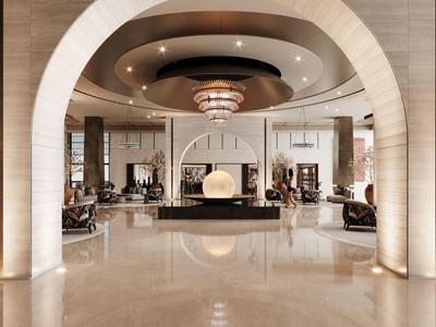 Luxuriöse Hotellobby mit großen Bögen, marmornem Boden und elegantem Kronleuchter.