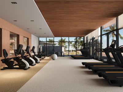 Moderner Fitnessraum mit Laufbändern und Ergometern, großen Fenstern und Holzbalkendecke.