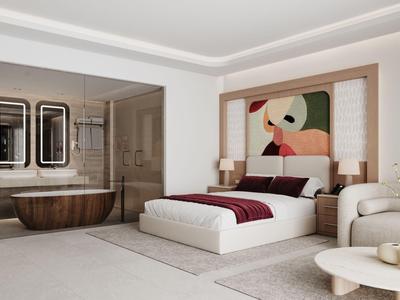 Modernes Hotelzimmer mit Bett, Sitzecke und offenem Bad mit Badewanne.