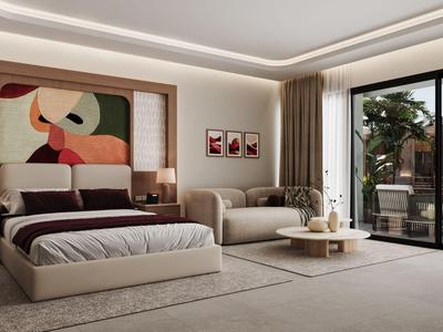 Modernes Hotelzimmer mit großem Bett, Sofa, Kunst an der Wand und Zugang zu Poolterrasse.