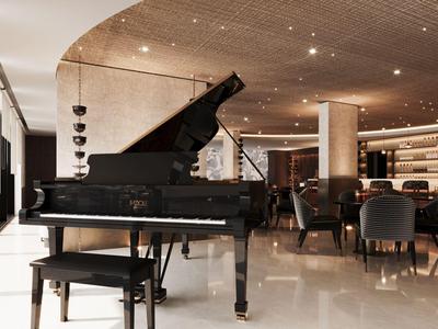 Moderner Hotellobby mit schwarzem Flügel und stilvoller Sitzgelegenheit.