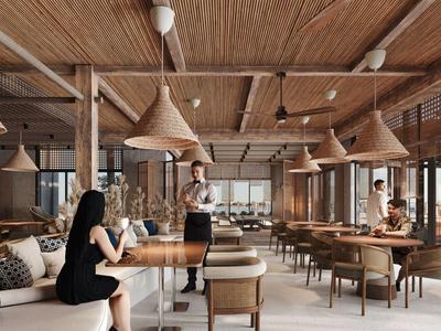 Modernes Restaurant mit Holzdecke, braunen Stühlen und Gästen beim Essen und Servieren.