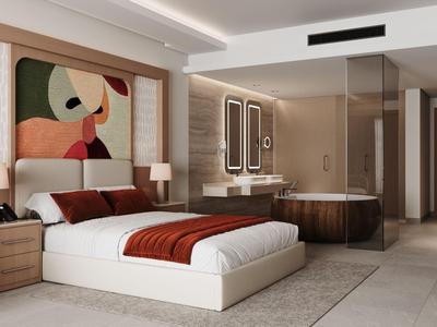 Modernes Hotelzimmer mit großem Bett, Kunstwerk über dem Kopfteil und Bad mit Badewanne.