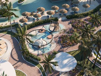 Luxuriöser Poolbereich mit Palmen, Sonnenschirmen und geschwungenen Wegen in einer Hotelanlage.