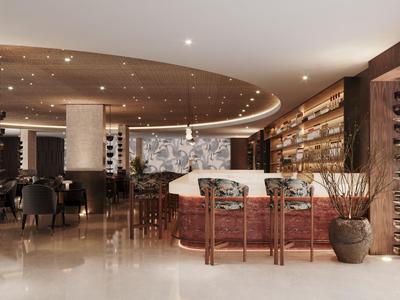 Moderne Hotelbar mit barhockern, stilvollen Holzelementen und indirekter Beleuchtung.