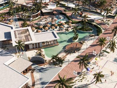 Moderne Hotelanlage mit Pool, Palmen und Sonnenschirmen an einem sonnigen Strand.