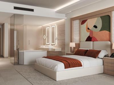 Modernes Hotelzimmer mit großem Bett, abstrakter Wandkunst und warmem, einladendem Licht.
