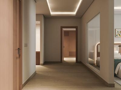 Flur in einem modernen Hotelzimmer mit Holz- und Beigetönen, Blick ins Schlafzimmer.
