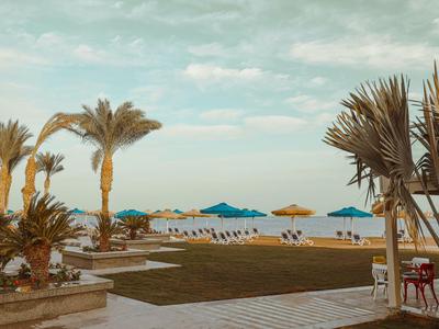 Strandhotel mit Liegestühlen, Sonnenschirmen und Palmen unter bewölktem Himmel.
