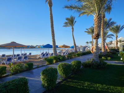 Strandhotel mit Liegestühlen, Palmen und klarer Sicht auf das ruhige blaue Meer.