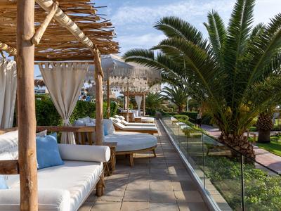 Comfortable loungers with cushions under a pergola beside green garden and palm trees.