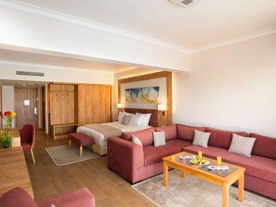 Ruime hotelkamer met bank, tweepersoonsbed, bureau en houten meubels.