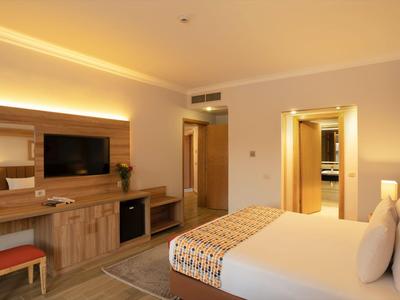 Licht ingericht hotelkamer met groot bed, bureau en televisie.