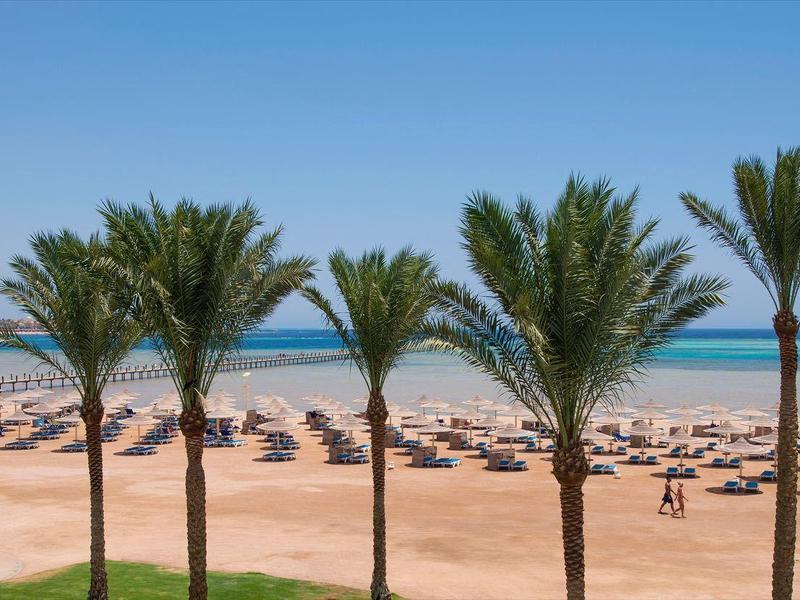 Plaża z palmami, leżakami i parasolami nad morzem pod bezchmurnym niebem.