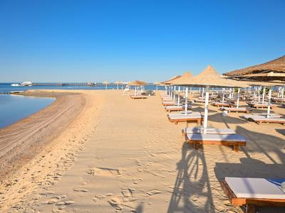 Leerer Sandstrand mit Liegen und Sonnenschirmen unter klarem blauem Himmel