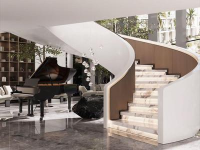 Elegante hotellobby met gebogen trap en vleugel in helder, modern design.