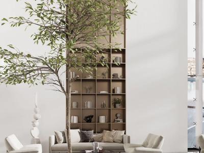 Moderne hotel lounge met hoge plafonds, grote ramen en minimalistisch meubilair.