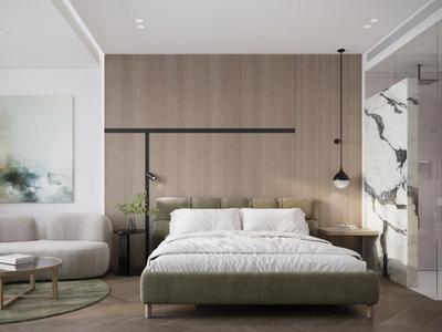 Moderne slaapkamer met tweepersoonsbed, houten wandpanelen, zithoek en groot raam.