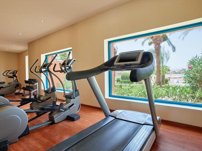 Moderner Fitnessraum mit Laufband, Ellipsentrainern und großen Fenstern mit Grünblick.