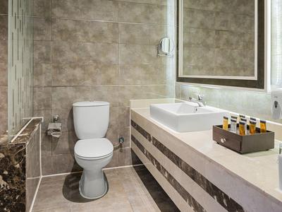 Moderne badkamer met toilet, grote spiegel, wastafel en toiletartikelen op het aanrecht.